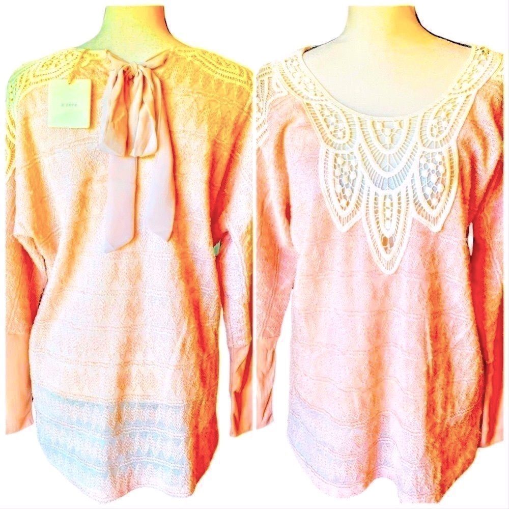 NWT! BOUTIQUE SHIMMERING LIGHTWEIGHT SWEATER W/CROCHET DETAIL & TIE BACK-LARGE